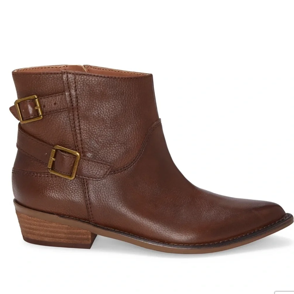 Lucky Brand Caelyn Leather Bootie Brown Double Buckle Western Moto Boho 5.5